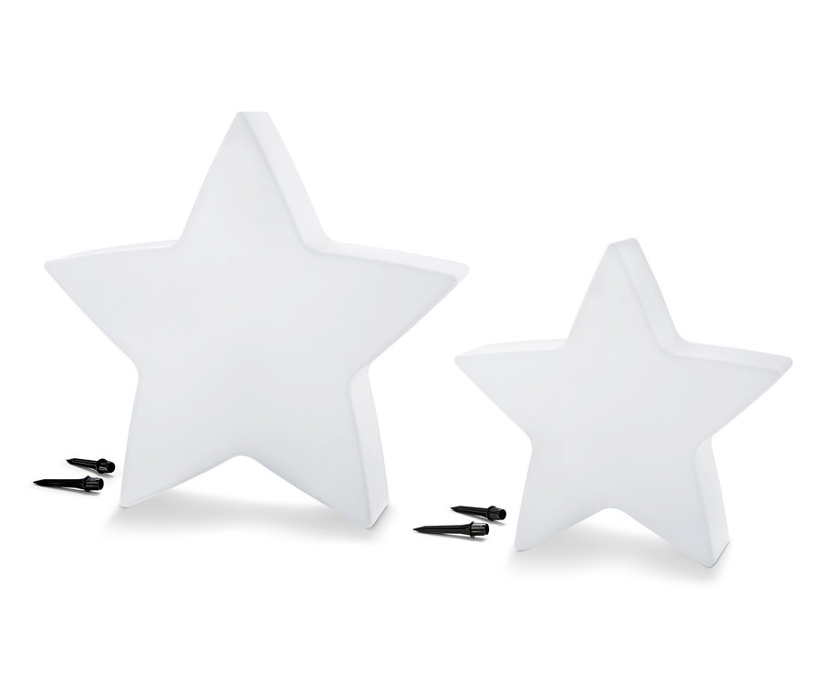 Zwei Solar-Outdoorleuchten »Stern« in verschiedenen Größen und Befestigungsstifte auf weißem Hintergrund.
