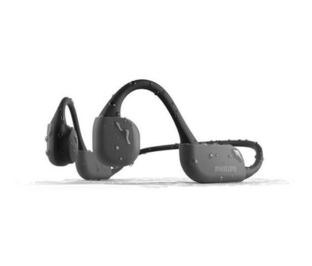 Schwarze Philips Bone Conduction Kopfhörer »TAA6606BK« mit Wassertropfen.