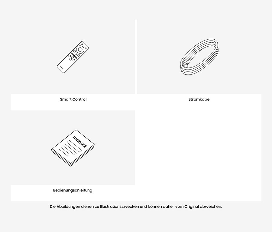 Abbildung von Smart Control, Stromkabel und Bedienungsanleitung.