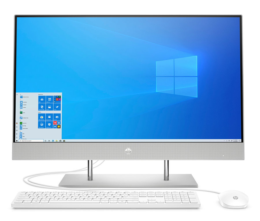 Ein silberner HP All-in-One PC mit einer weißen Tastatur und Maus.