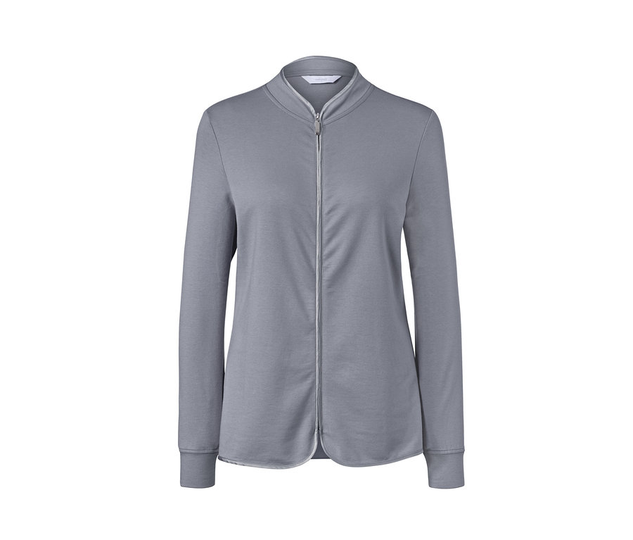 Grauer Loungewear-Anzug mit langen Ärmeln und Reißverschluss in der Mitte.