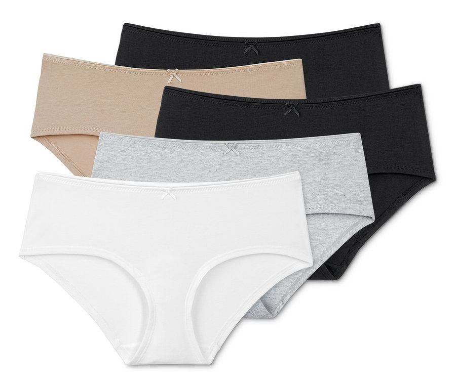 Fünf Pantys in Weiß, Grau, Beige und Schwarz.