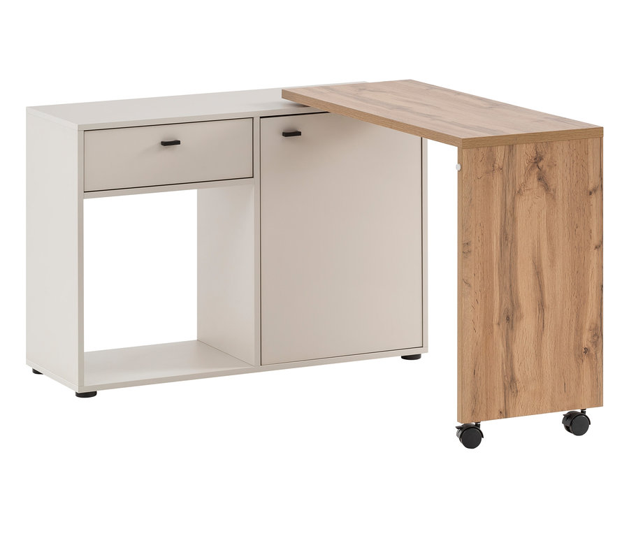 Ein 2-in-1-Drehtischschrank in Creme und Eiche mit Stauraum.