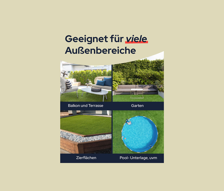 Collage zeigt vier verschiedene Außenbereiche mit Primaflor Kunstrasen »Korsika«.