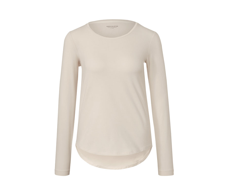 Offwhite Langarm-Sportshirt auf weißem Hintergrund.