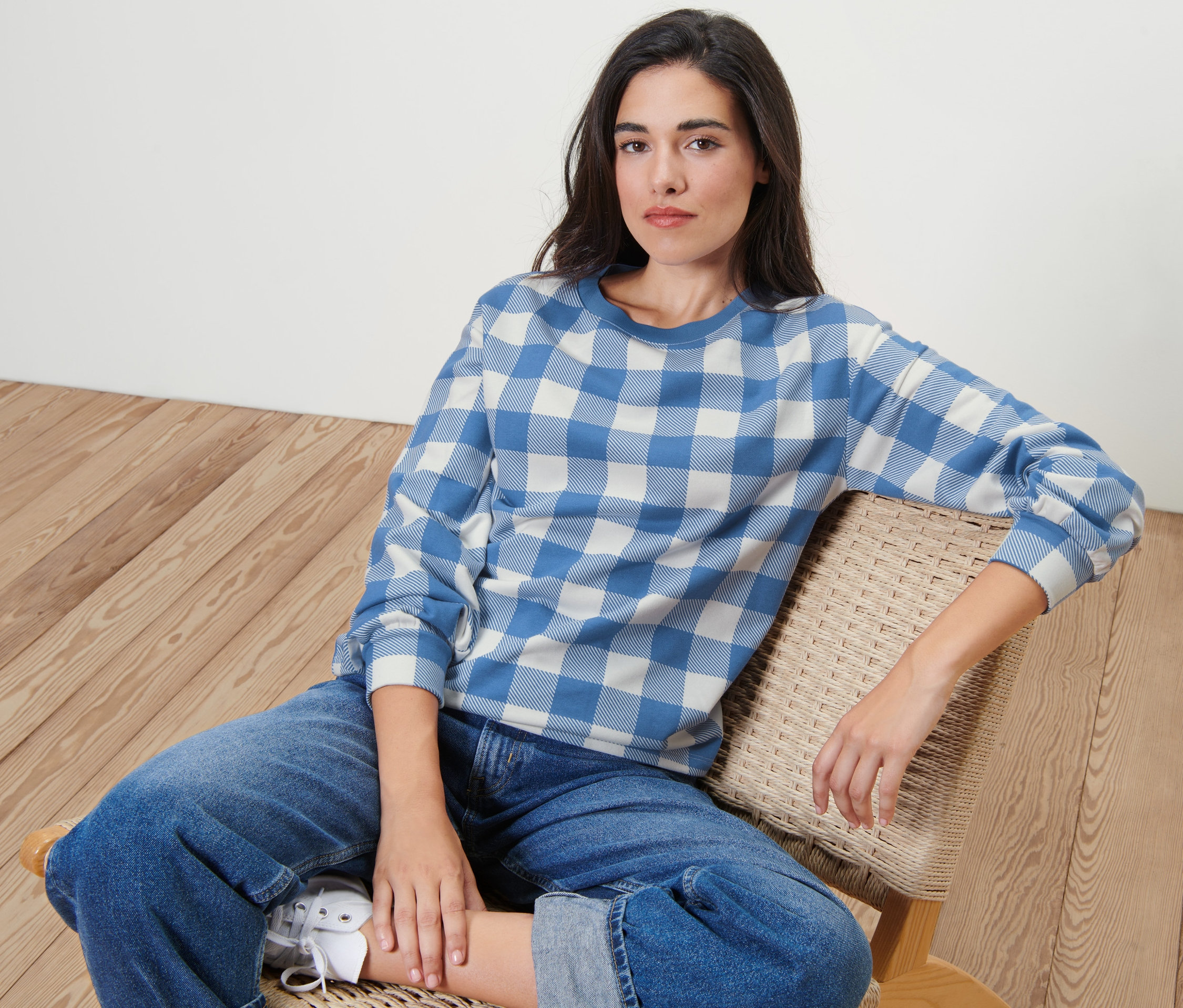 Thumbnail - Tchibo - Kariertes Sweatshirt - Damen - Gr. XS - creme/kariert