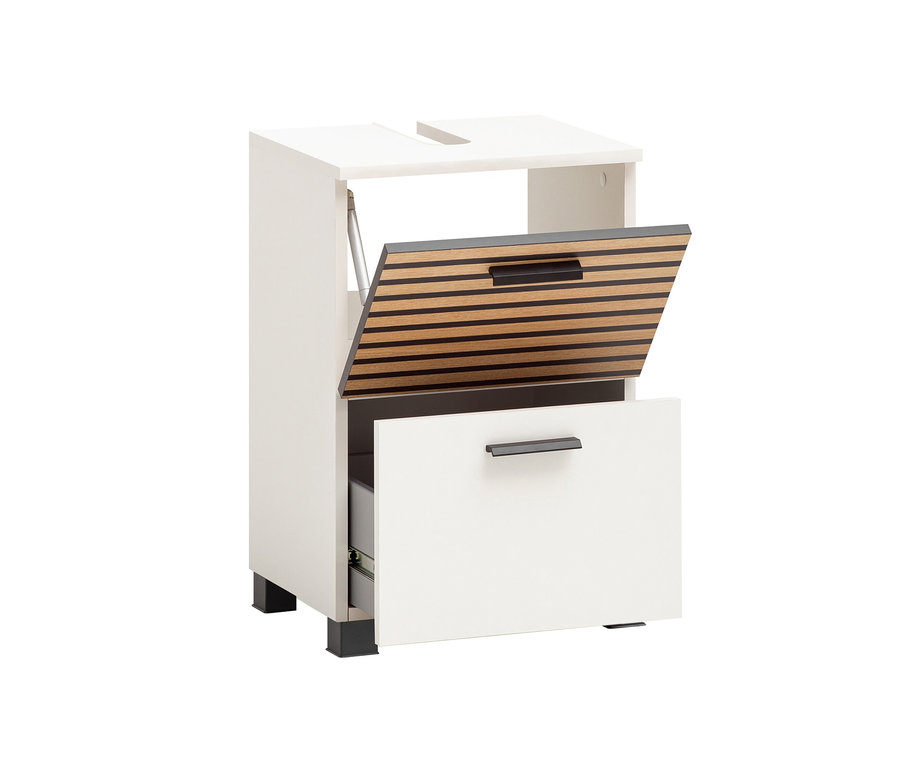 Matt weißer Waschbeckenunterschrank »Katta« mit einer Klappe und einer Schublade ist teilweise geöffnet.