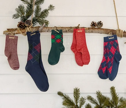 Fünf Paar Socken und drei Paar Kinder-Glitzersocken hängen an einem Ast, der mit Tannenzweigen und Tannenzapfen geschmückt ist.