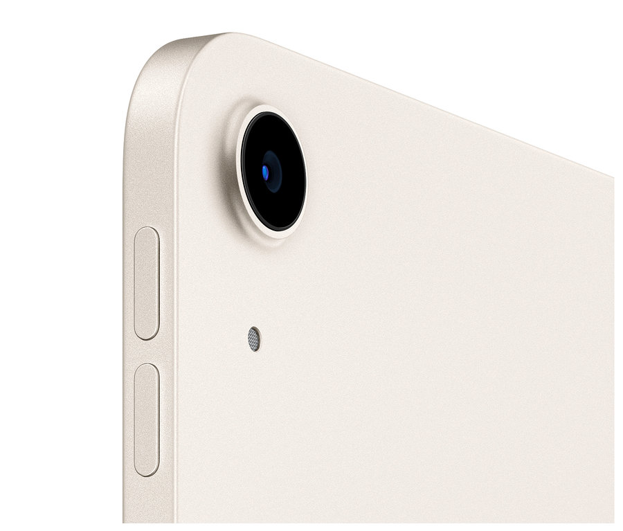 Detailaufnahme der Rückseite eines Apple iPad Air 2022 Wi-Fi 256 GB in Polarstern, die Kamera und Tasten zeigt.