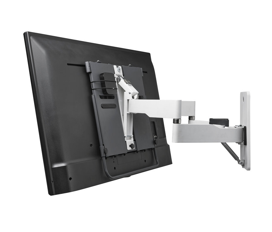 Ein schwarzer Fernseher ist an einer weißen Wandhalterung montiert. Die ONE FOR ALL Wandhalterung »WM6482 FLUX 2.0«, 32"–77" ist sichtbar.