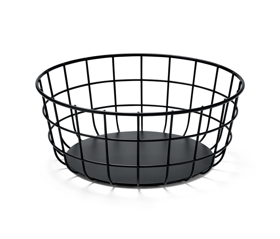 Eine schwarze Drahtschale.