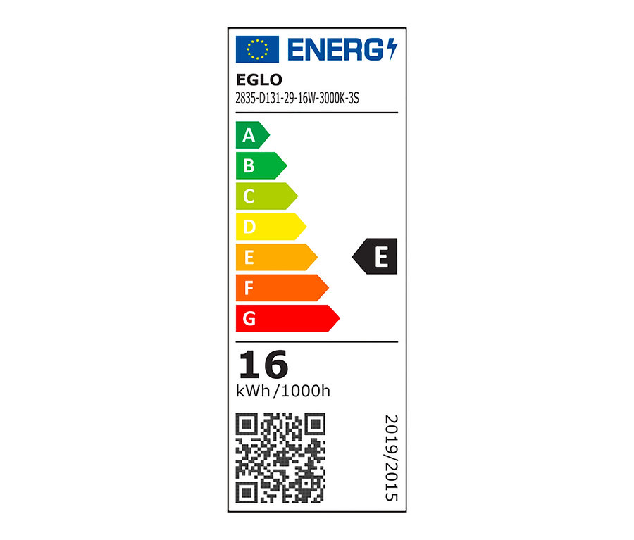 Energielabel mit den Klassen A bis G, wobei E hervorgehoben ist.