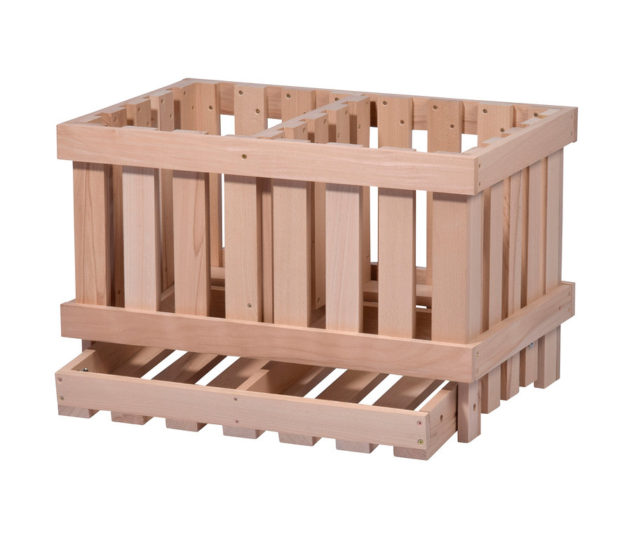 Holz Vorratsbehälter mit Lamellenwänden und einer ausziehbaren Schublade unten.