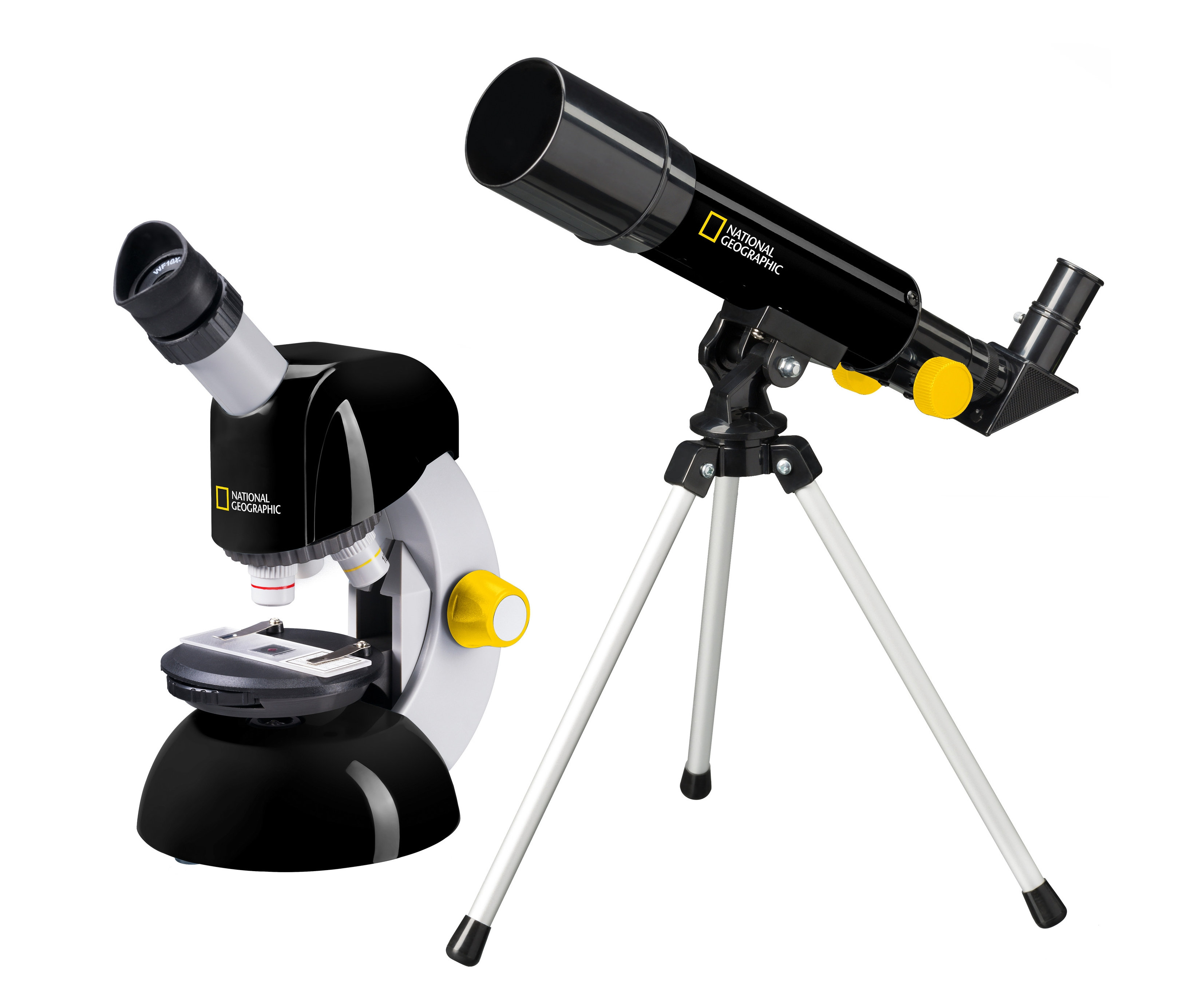 Schwarzes National Geographic Kompakt-Teleskop und Mikroskop mit Smartphonehalterung.