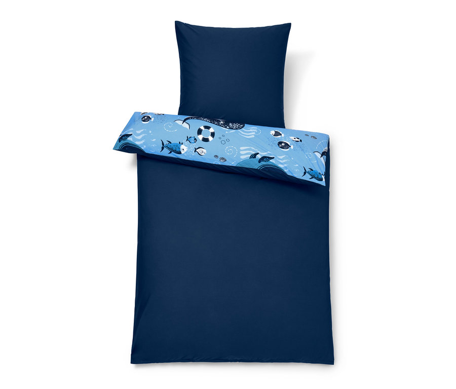 Marineblaue Bettwäsche mit Meereslebewesen-Motiv. Premium-Baumwoll-Bettwäsche, Normalgröße