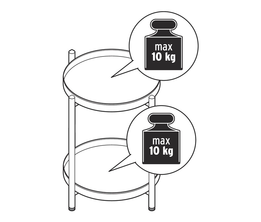 Illustration eines Beistelltisches aus Metall mit einer maximalen Traglast von 10 kg.