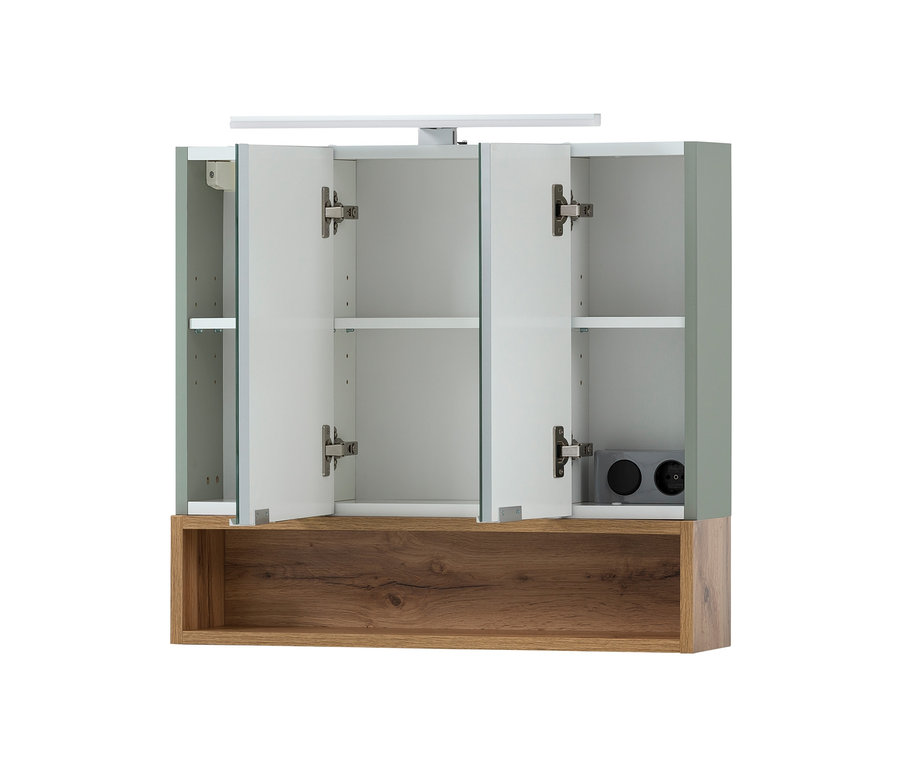 Geöffneter Spiegelschrank "Smilla" mit Regalen und Licht.