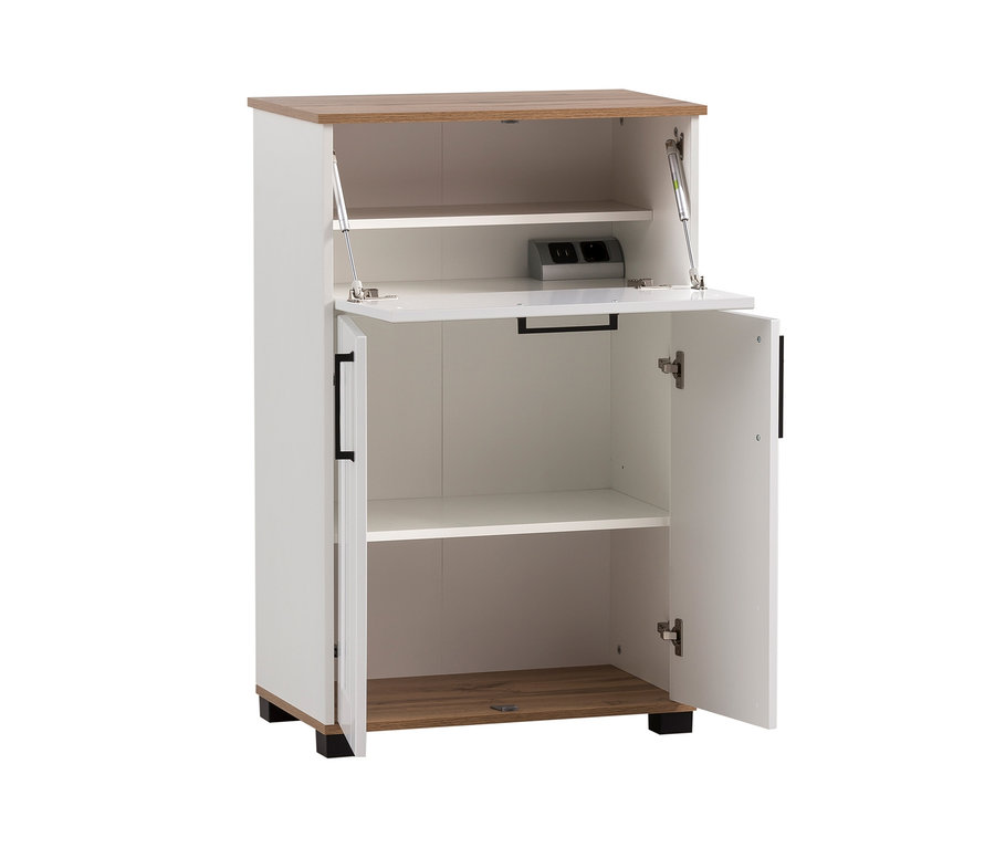 Weißer Sekretär »Jelda« mit brauner Platte und geöffneten Türen.