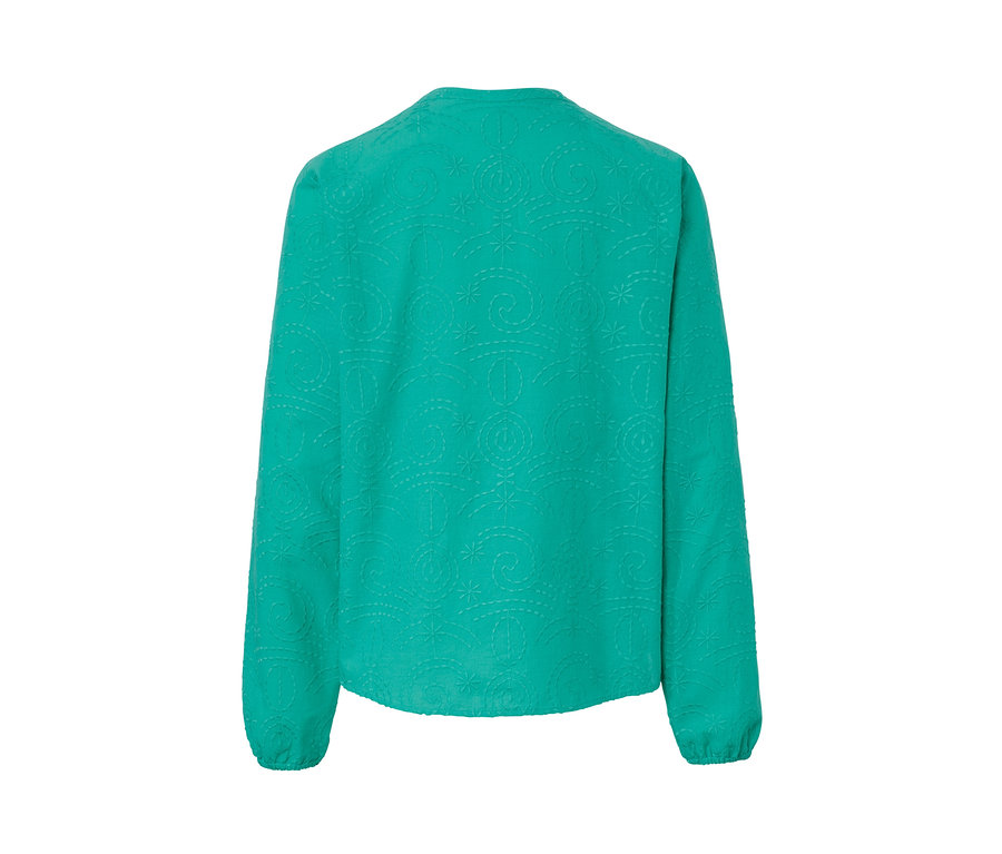 Grüne Bluse mit Stickerei, Detail der Rückseite.