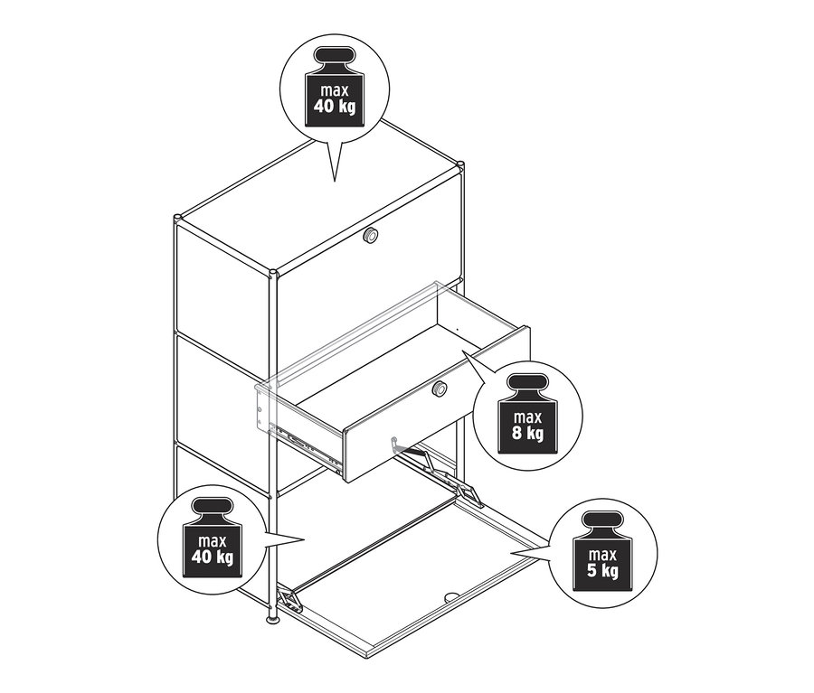 Schwarz-weiße Darstellung einer Kommode Metall »CN3« mit zwei Klappfächern und zwei Schubladen, wobei eine Schublade geöffnet ist.
