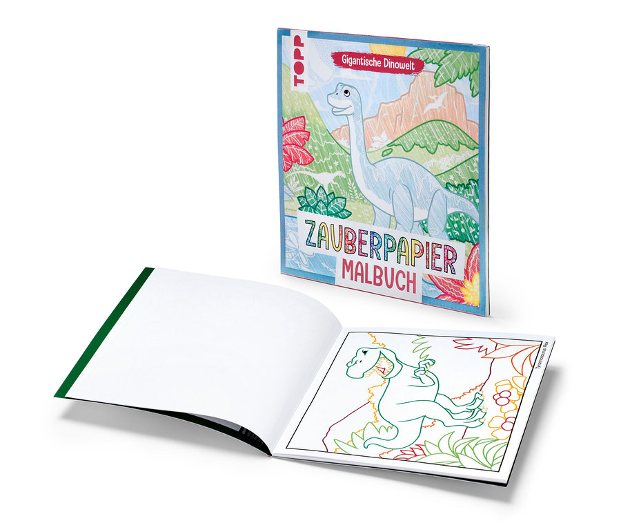 Zwei Bücher: »Zauberpapier Malbuch ‒ Gigantische Dinowelt« mit Dinosauriern.