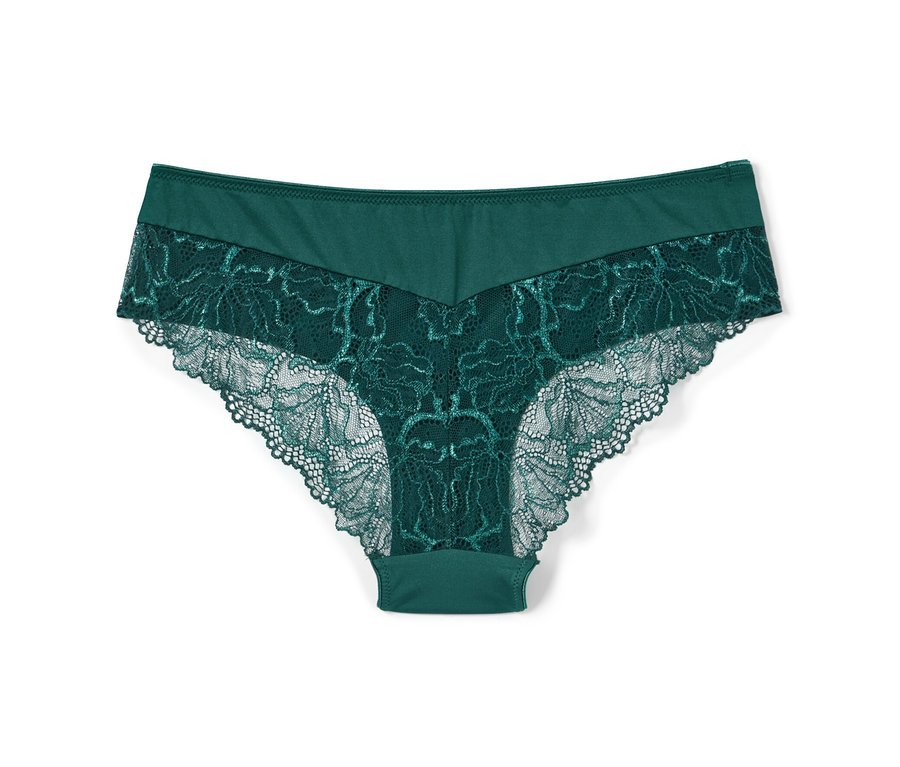 Nahaufnahme eines einzelnen, dunkelgrünen 2 Brazilslips mit floraler Spitze.