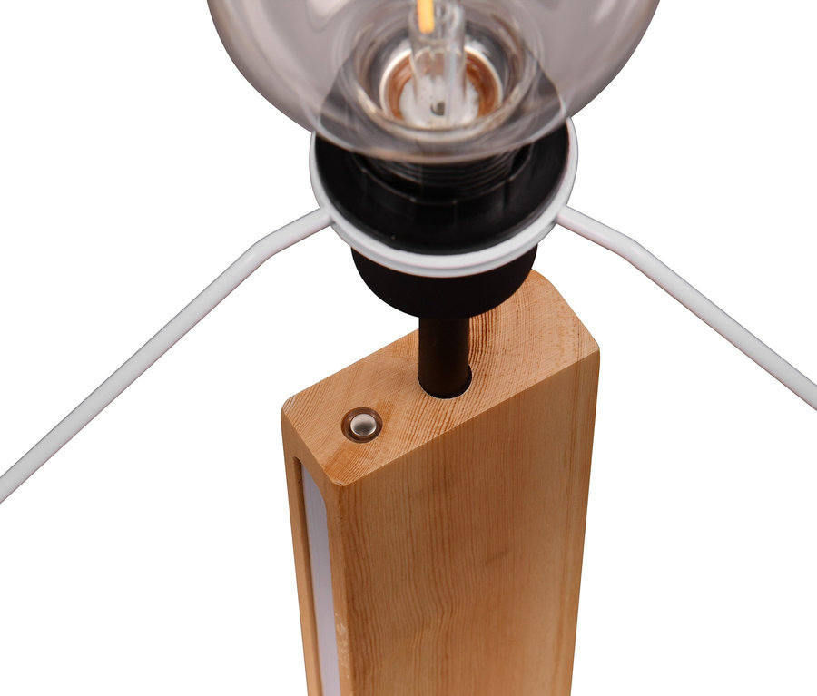 Detail der Trio Stehleuchte »Rahul«: Holzfuß mit weißen Metallstäben und Glasschirm.