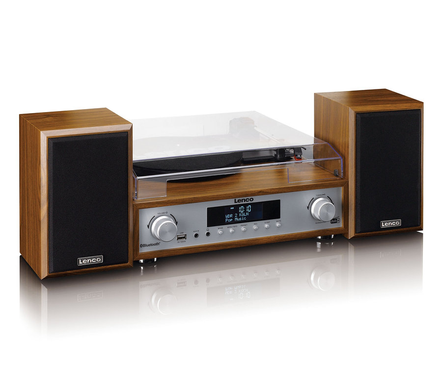 Braune Lenco Stereoanlage mit Plattenspieler und zwei Lautsprechern.