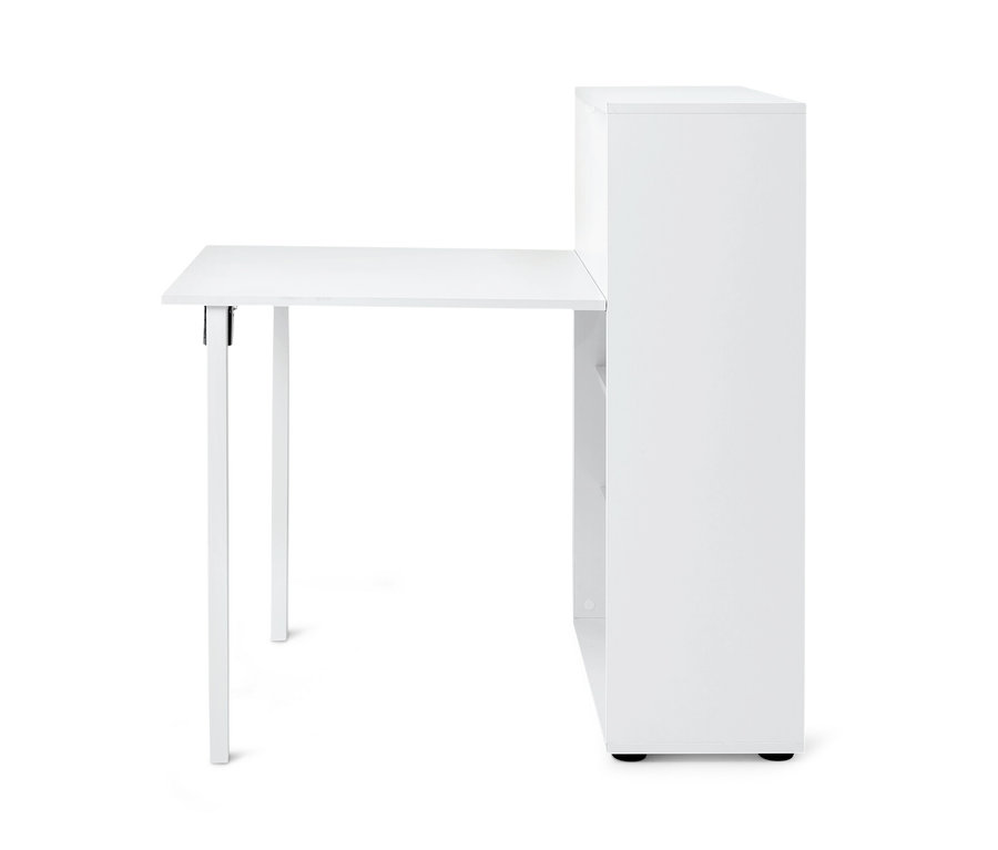 Weißes Regal mit ausklappbarem Tisch.