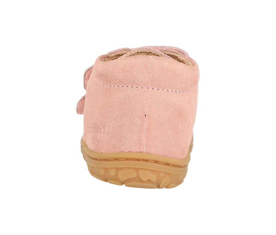 Detailansicht von hinten des Lurchi Lauflernschuh Barefoot, rose, mit brauner Sohle.