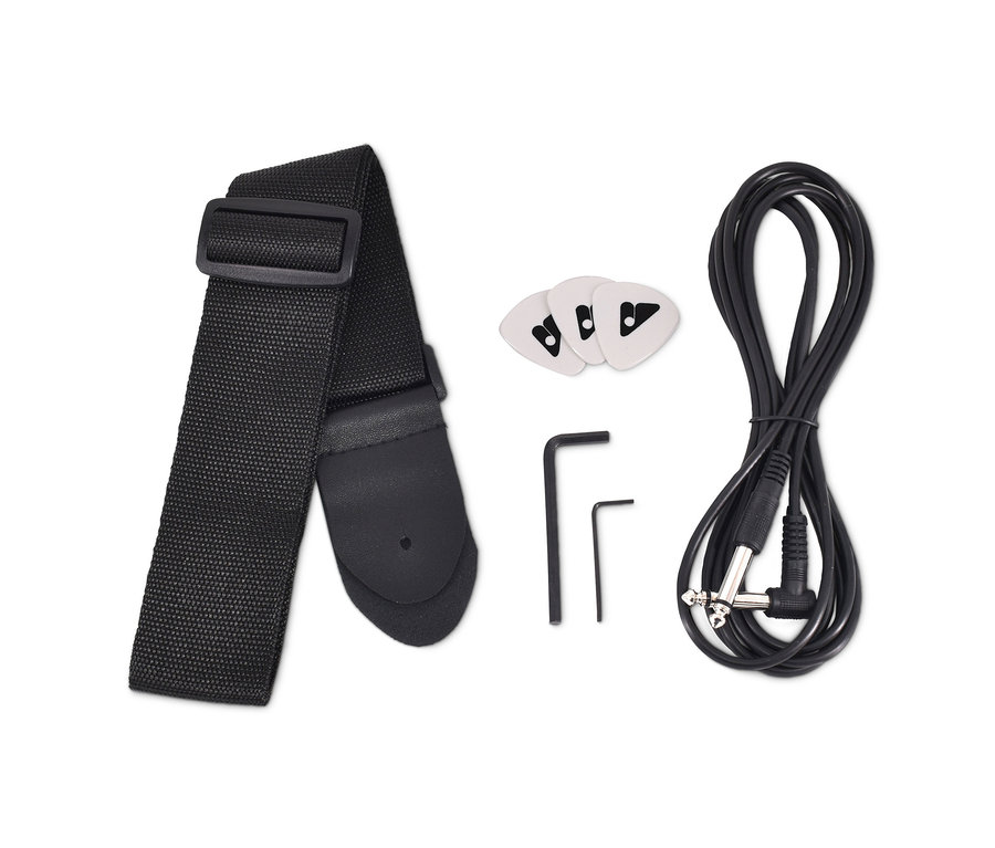 Schwarzer Gurt, drei Plektren, zwei Inbusschlüssel und ein schwarzes Kabel.