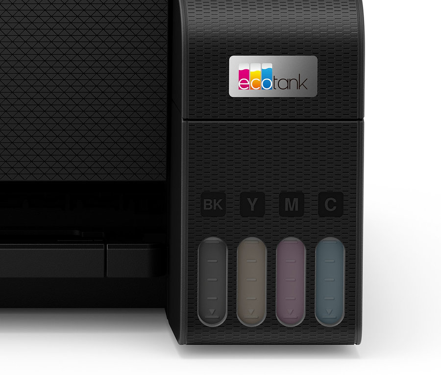 Detailansicht eines Epson EcoTank Druckers, der die Tintentanks für Schwarz, Gelb, Magenta und Cyan zeigt.