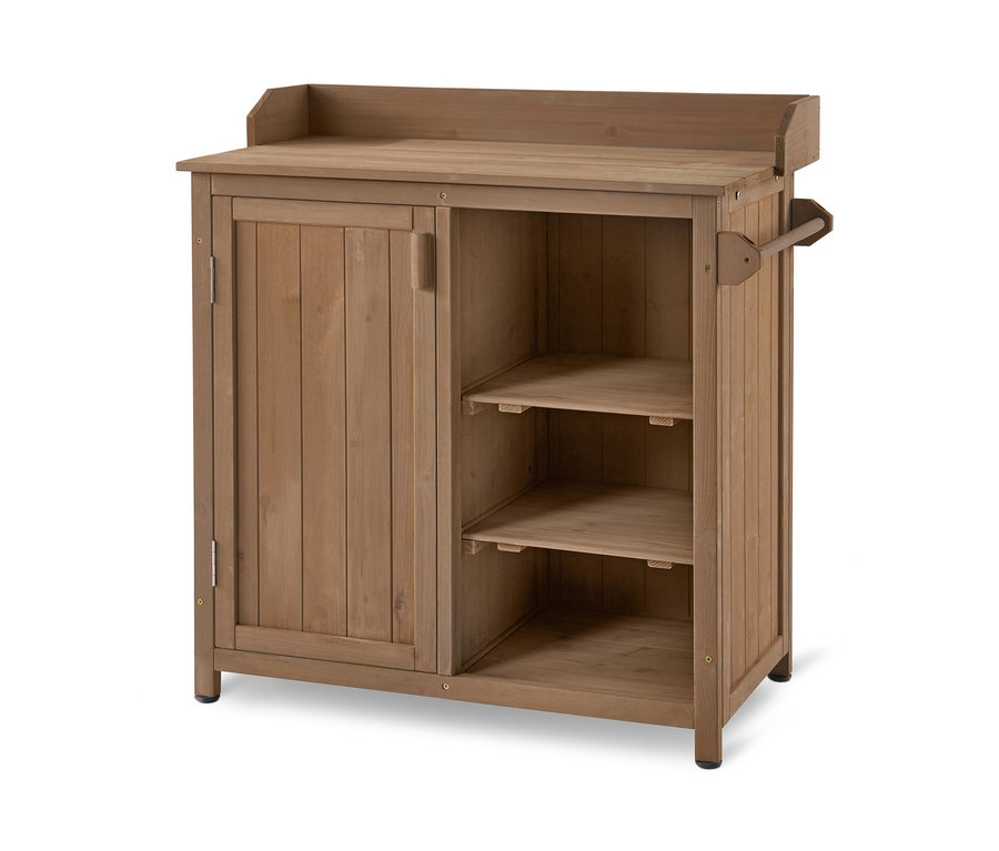 Gartenschrank mit Handtuchhalter mit einer Tür und Regalen.