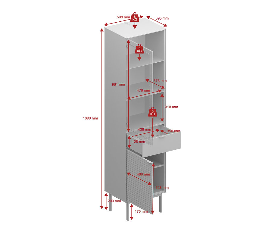 Schema einer weißen Vitrine mit geöffneter Tür und Schublade, mit Maßangaben in Millimetern.