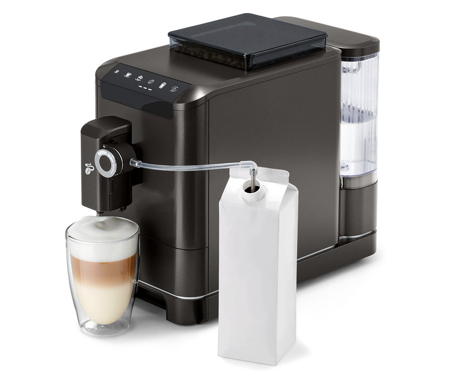 »Esperto 2 Milk« Granit Black Kaffeemaschine bereitet Getränk in Glas zu.