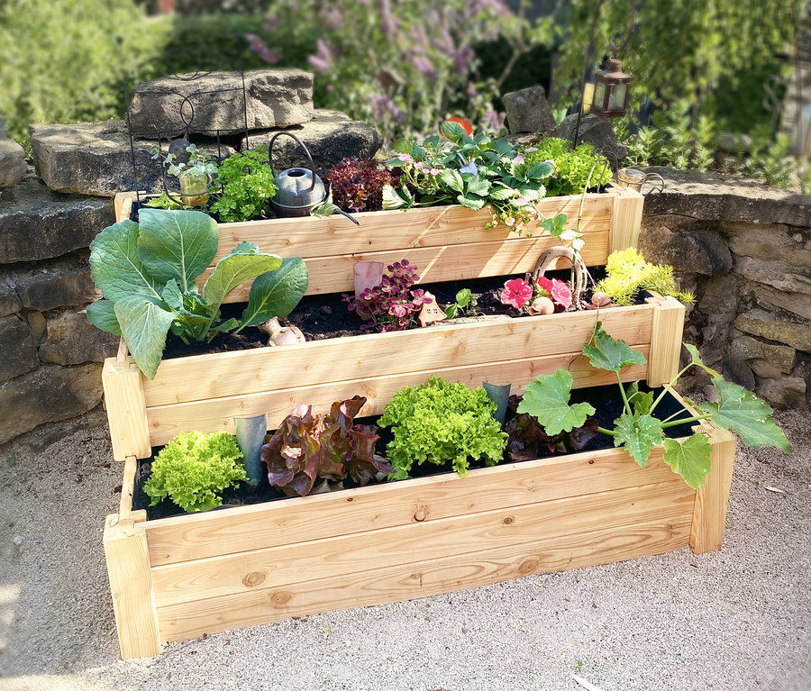 Ein Premium-Treppenhochbeet XL mit verschiedenen Pflanzen und Gemüse.