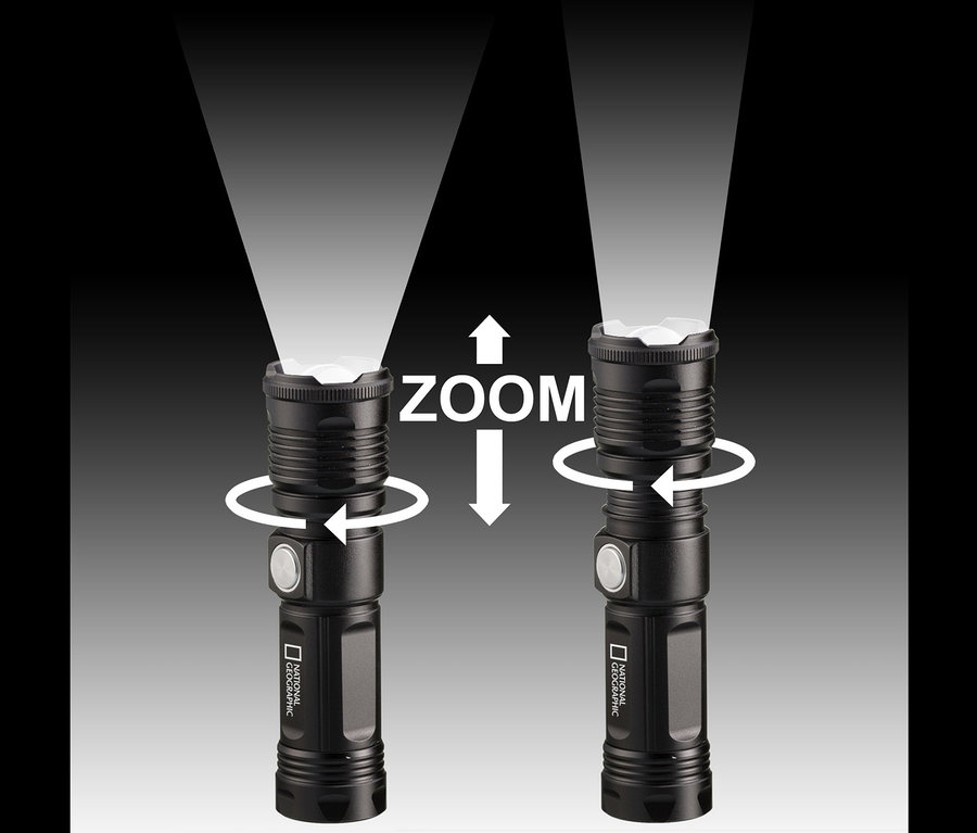 Zwei schwarze National Geographic ILUMINOS 1000 LED-Zoom-Taschenlampen, die jeweils einen Lichtkegel ausstrahlen.