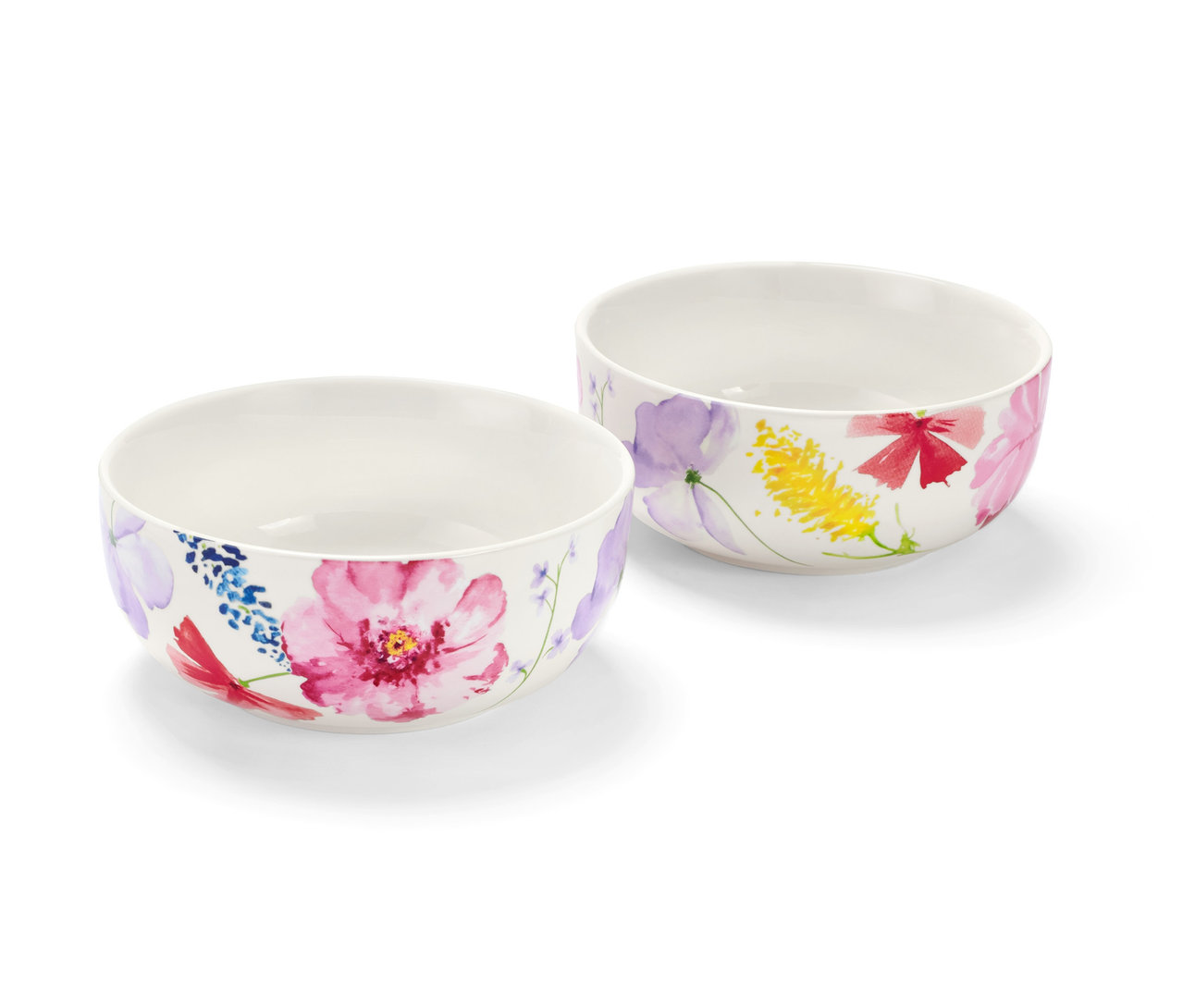 Zwei weiße Schalen mit Blumenmuster.