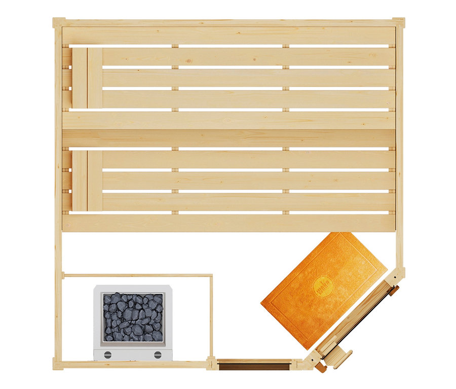 Draufsicht einer Holzsauna mit Bänken, einem Steinofen und einer orangefarbenen Unterlage. weka Massivholzsauna, Martti BioS