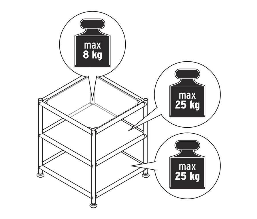 Abbildung eines Beistelltisch Metall »CN3« mit Glasoberfläche. Die obere Platte kann maximal 8 kg tragen, jedes untere Regal kann maximal 25 kg tragen.