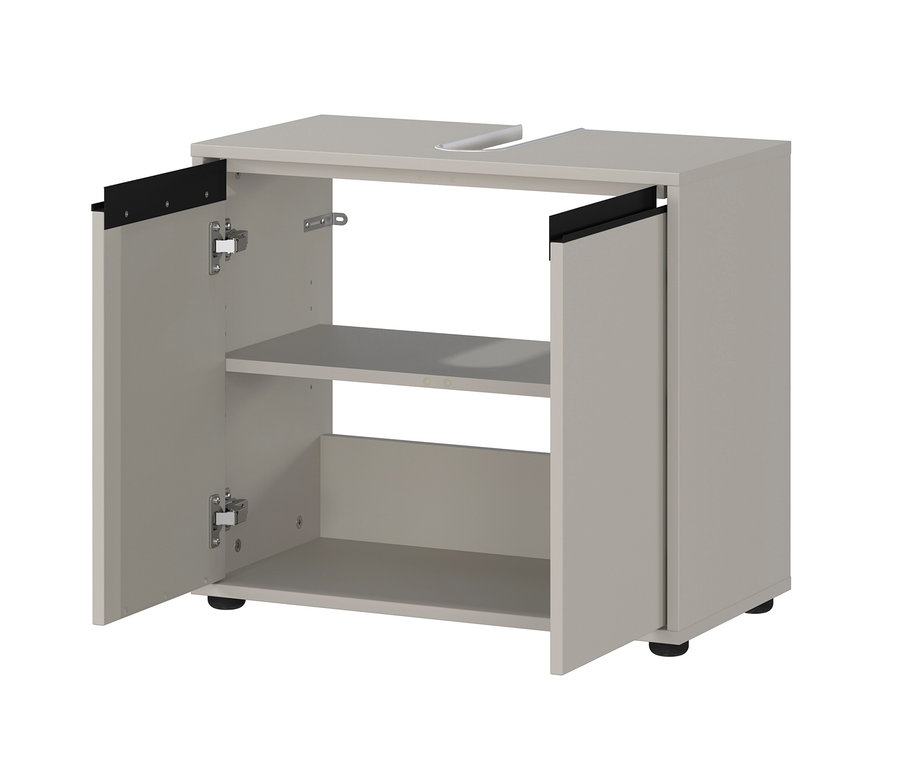 Waschbeckenunterschrank »Lemont«, steingrau mit geöffneten Türen.