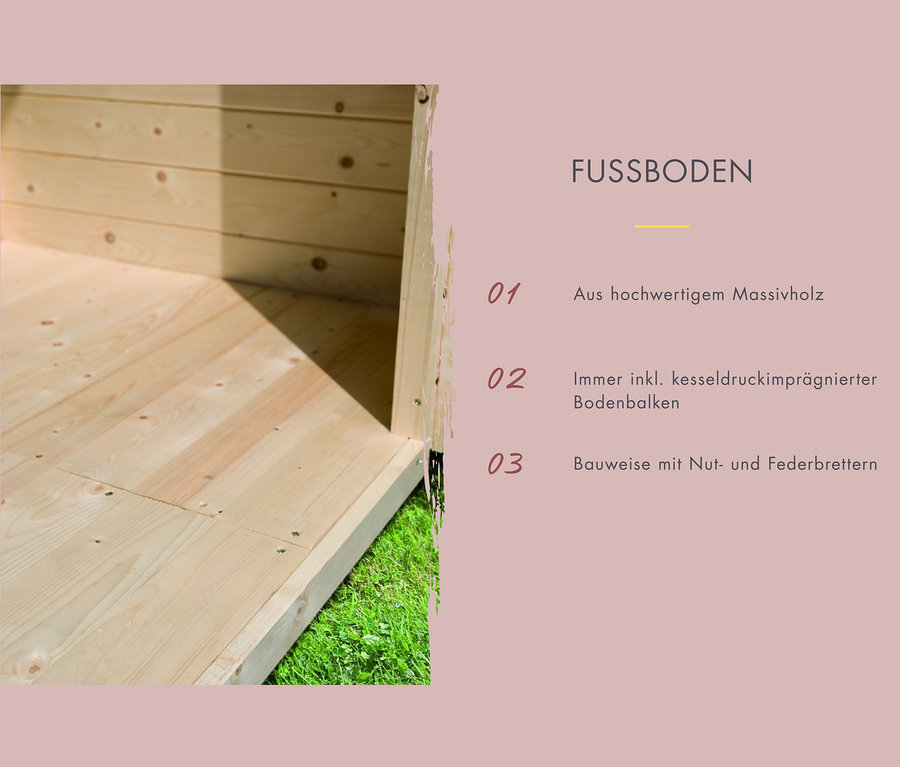 Boden der Karibu Fasssauna »Frieda 3« aus Massivholz.