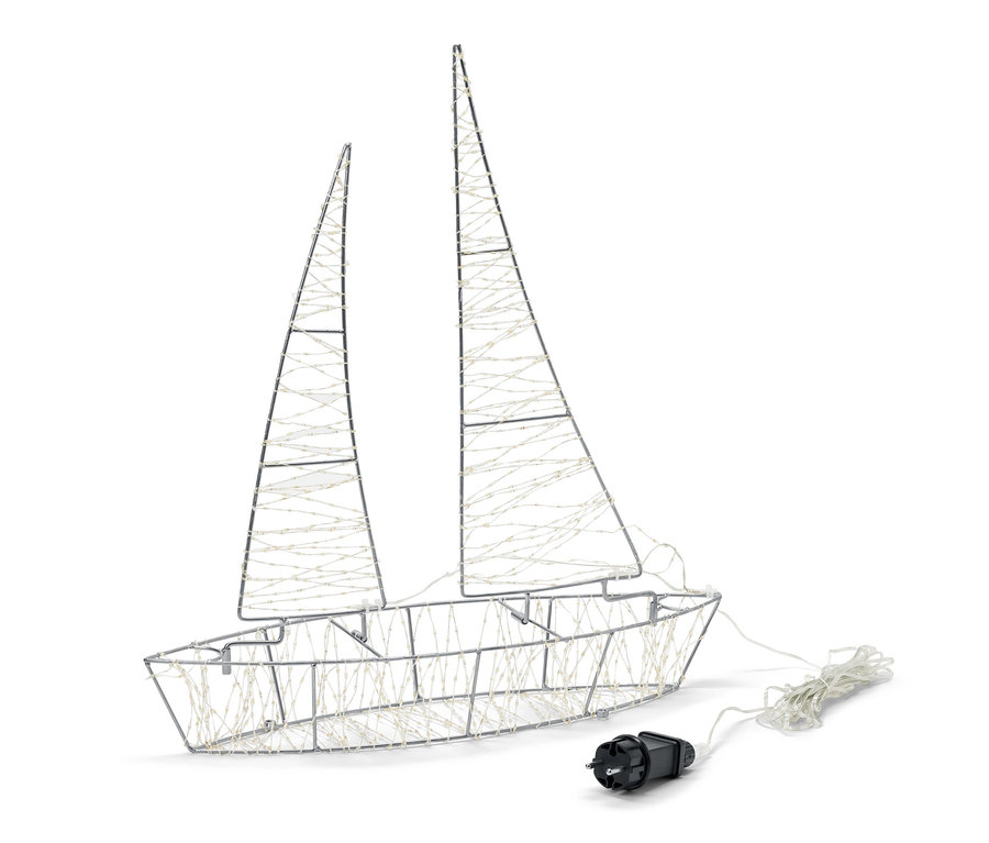 Ein silbernes LED-3D-Outdoor-Boot mit Stromkabel auf weißem Hintergrund.