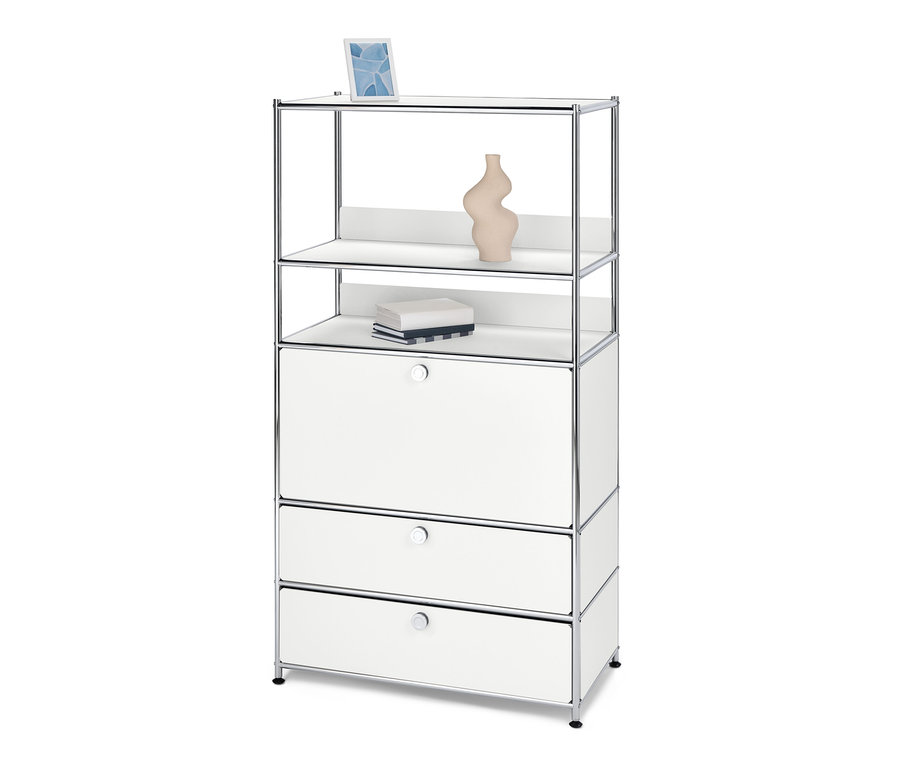 Regal Metall »CN3« mit 1 Klappe und 2 Schubalden. Auf dem obersten Regal befindet sich ein Bilderrahmen und eine Vase.