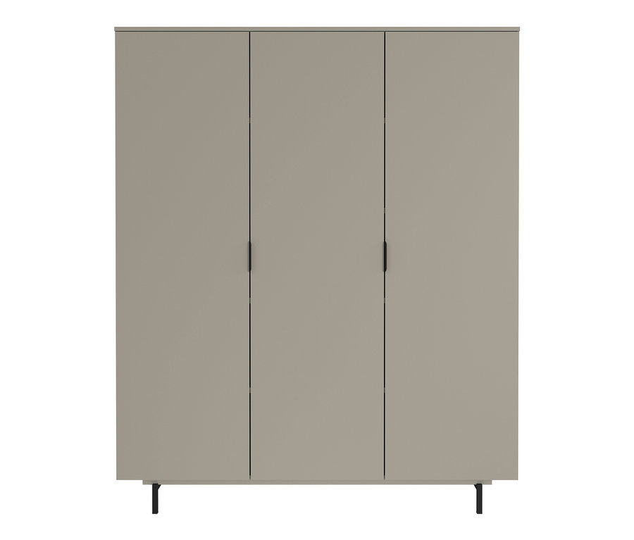Dreitüriger Kleiderschrank Tomino in Beige mit schwarzen Griffen.