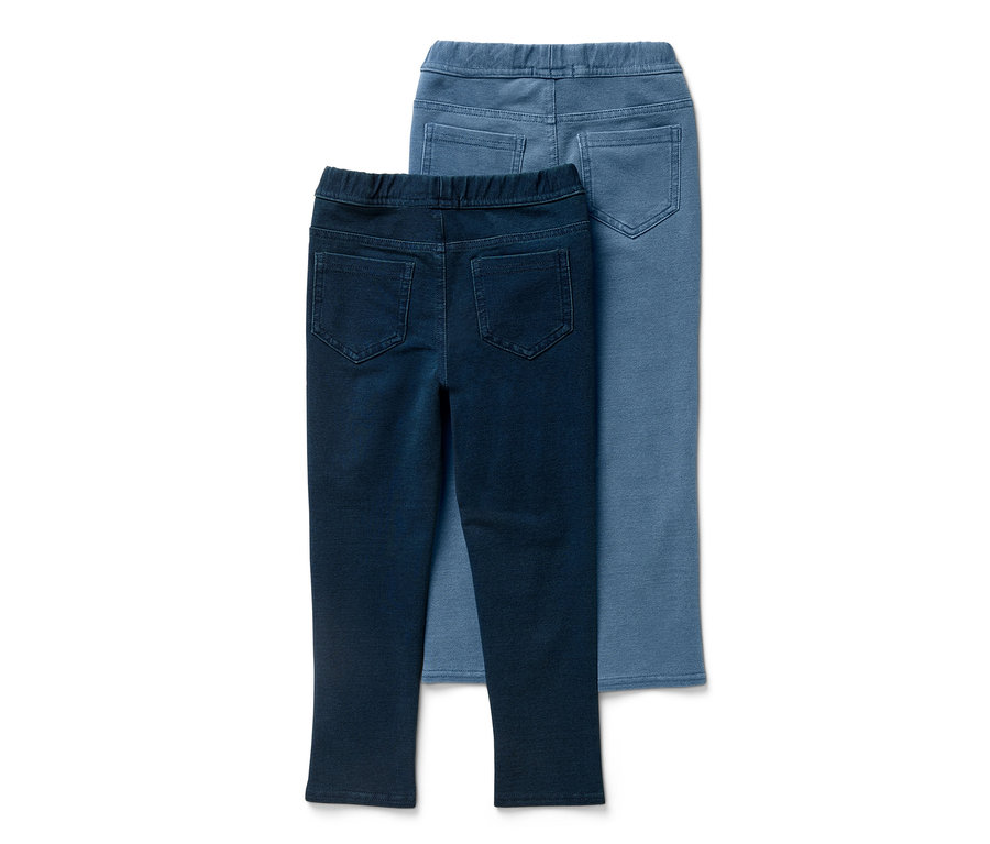 Zwei Kinder-Jeggings ‒ Fit »Mia«, eine dunkelblaue und eine hellblaue.