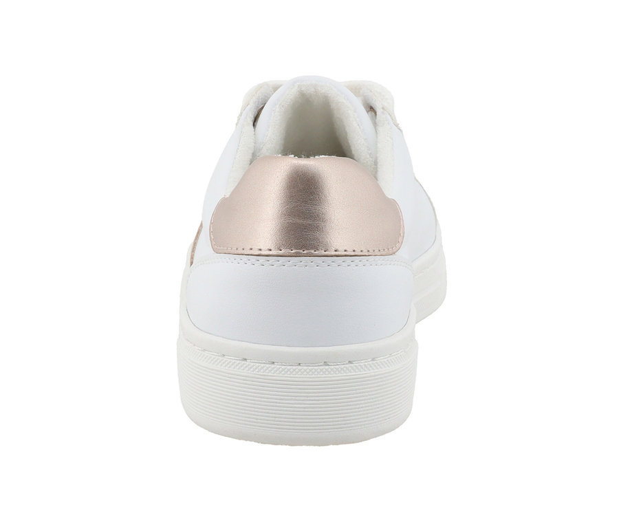 Rückansicht eines weißen und goldenen PU Sneakers von Tom Tailor.