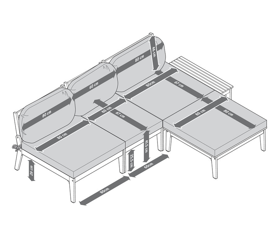 Die Maße des modularen Lounge-Sets »Lenja« sind mit Pfeilen dargestellt.
