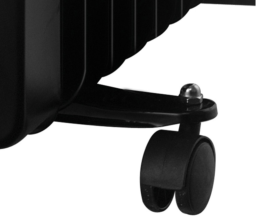 Detail eines schwarzen Ölheizgeräts »99404« mit Rädern.