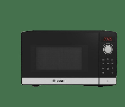 Schwarze Bosch Mikrowelle FFL023MS2 mit digitaler Zeitanzeige.